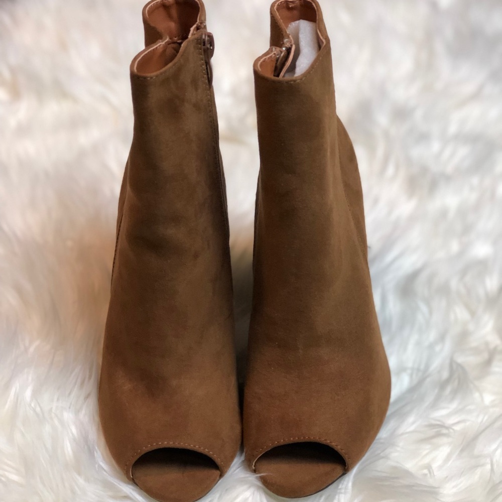 Open Toe Peep Toe Brown Block Heel Booties